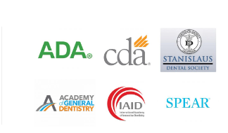 Professional association memberships including ADA, CDA, Academy of General Dentistry, Stanislaus Dental Society, IAID, and Spear Education